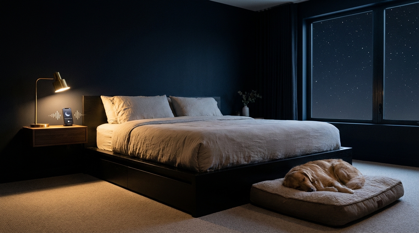 Peaceful bedroom at night with a golden retriever sleeping on its bed while a phone plays calming therapy music on the nightstand