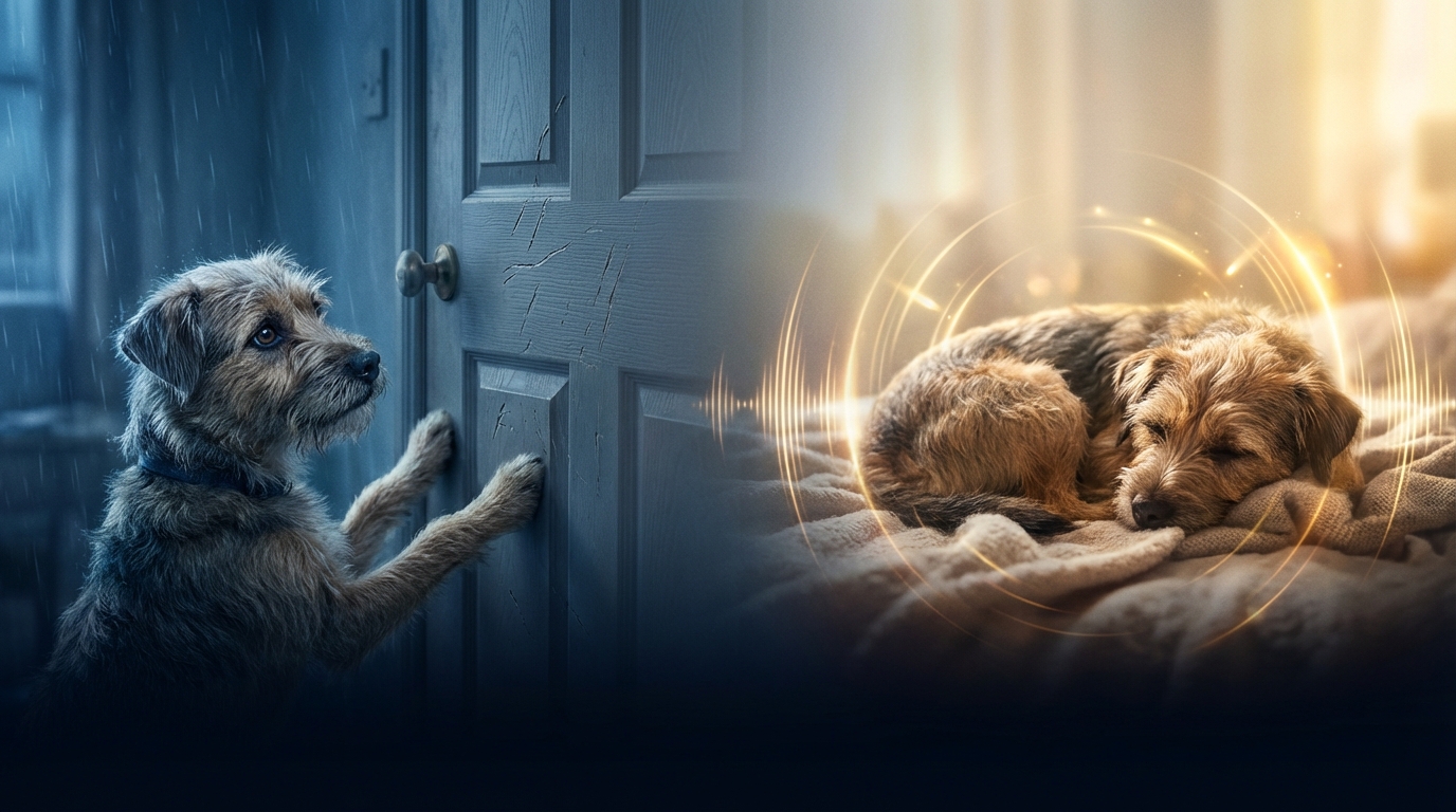 Before: anxious dog scratching door. After: peacefully sleeping dog surrounded by calming sound waves